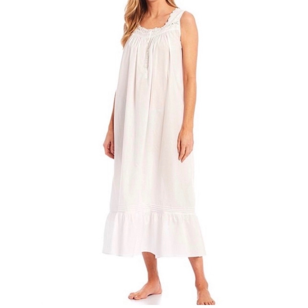 Eileen West Women 2X Cream Cotton Lace Trim Sleeveless Nightgown Long Ruffle Hem
